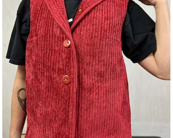 Vintage Corduroy Vest | 70's Red Chunky Cord Sleeveless Jacket | Size Large