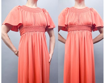 Vintage Maxi Dress | 70's Peach Peasant Style Maxi Dress with Ruffled Sleeves & Empire Waist Ties | Size Medium