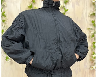 Vintage Black Windbreaker | 90's Lightweight Nylon Black Jacket with Elastic Waist | Size Medium