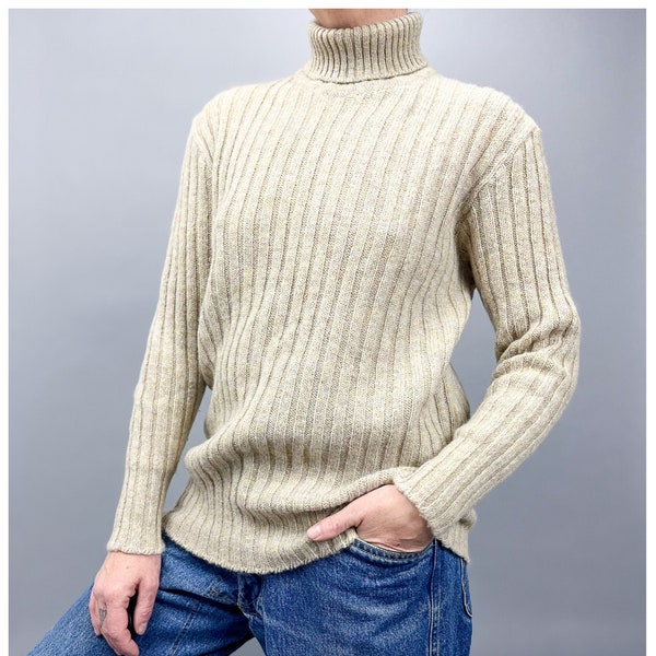 Shetland Wool Sweater | Vintage 70's Beige Ribbed Knit Turtleneck | Size Small