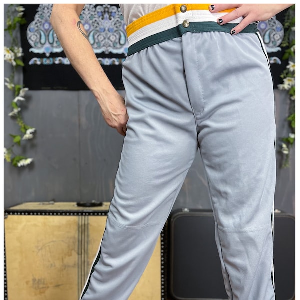 Men's Baseball Pants | Vintage 80's Grey Athletic Pants with Green, Gold & White Stripes | Retro Sportswear | Size Medium