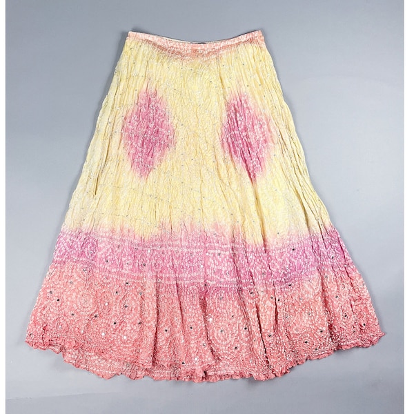 Silk Broom Skirt | Vintage Pink & Yellow Crinkle Textured Floaty Maxi Skirt with Silver Sequins | Size Small to Medium