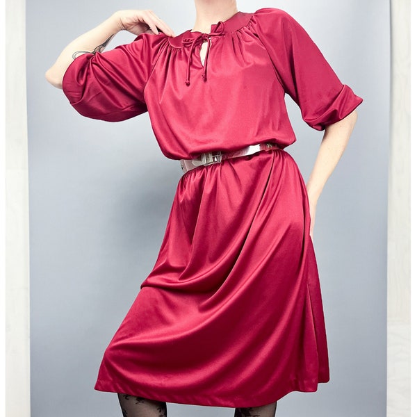 Vintage Blouson Dress | 70's Burgundy Silky Midi Dress with Elasticized Waist | Size Medium