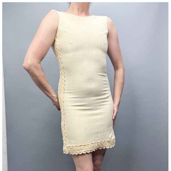 60's Mini Dress | Vintage Butter Cream Yellow Short Dress with Lace Details | Size Small