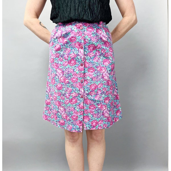 Button Down Skirt | Vintage 90's Pink Purple Busy Floral Print A-Line Mini Skirt with Pockets | Size Extra Small