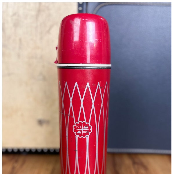 60's Red Thermos | Vintage 60's Icy Hot Vacuum Glass Insulated Bottle by Thermos Brand | Retro Camping Gear