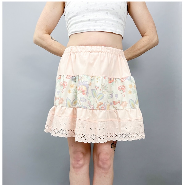 Ruffled Tiered Skirt | Handmade Cottage Core Short Peasant Skirt, Peach & Pastels Floral Bird Pattern | Elasticized Waist | Size Medium