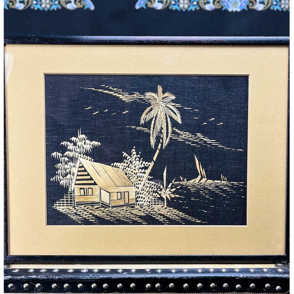 Indonesian Straw Art |  50's Asian Landscape Scene Rice Straw Art | Large Framed Wall Hanging