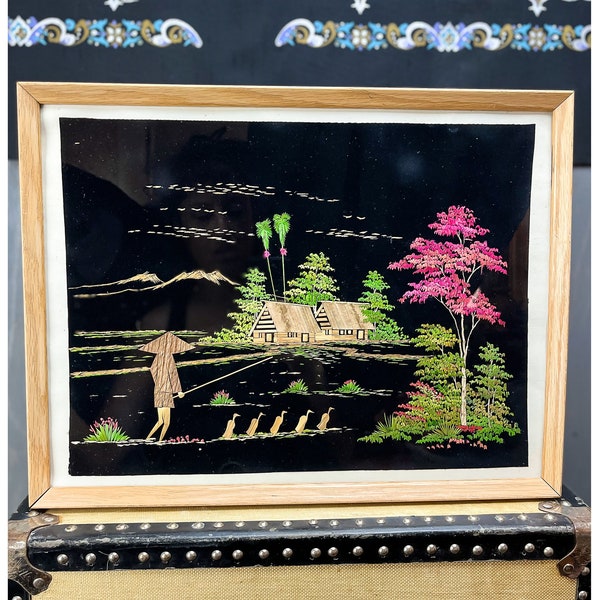 Indonesian Straw Art |  50's Asian Landscape Scene Rice Straw Art | Large Framed Wall Hanging