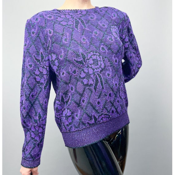 Vintage Graphic Sweater | 80's Purple & Turquoise… - image 1