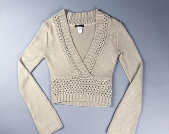 Y2K Beige Knit Sweater with Deep V Neck