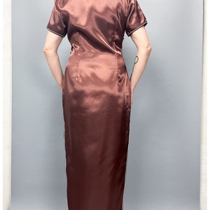 Embroidered Cheongsam Dress Vintage 70's Brown Satin Dress with Duck Embroidery Size Large image 6