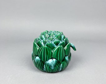 Ceramic Artichoke Container | Vintage 60's Green Blue Covered Sauce Dish with Spoon