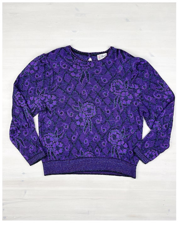 Vintage Graphic Sweater | 80's Purple & Turquoise… - image 7