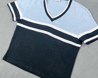 Vintage Short Sleeve V-Neck Sweater Top, Color Blocked