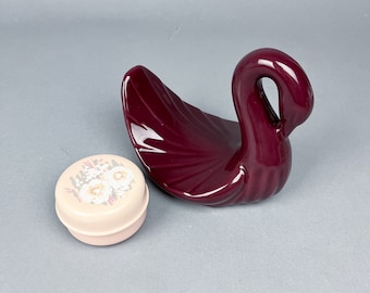 Vintage Gift Set | 80's China Trinket Box & 90's Burgundy Art Deco Swan Soap Dish | Bathroom Decor