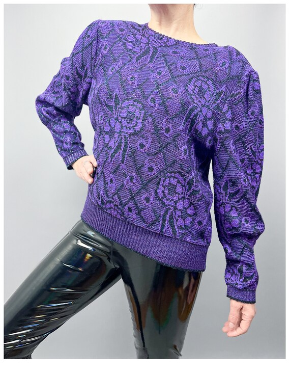 Vintage Graphic Sweater | 80's Purple & Turquoise… - image 3