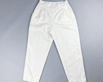 White Pleated Pants | Vintage 80's Women's Wide Leg Pants | Size Small