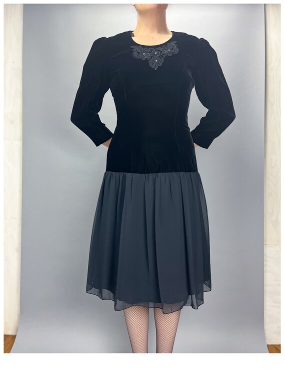 Vintage Velvet Dress | 90's Black Drop Waist Dress With Flirty Chiffon  Skirt | Size Medium - Etsy