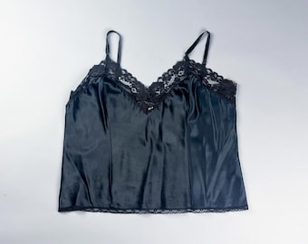 Vintage Black Nylon Camisole with Lace Trim