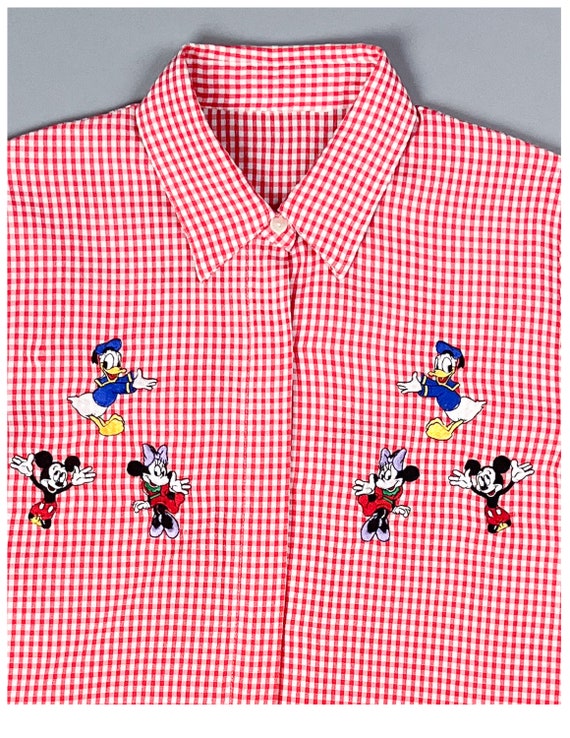 Gingham & Cartoons Shirt | Vintage 90's Red and W… - image 3
