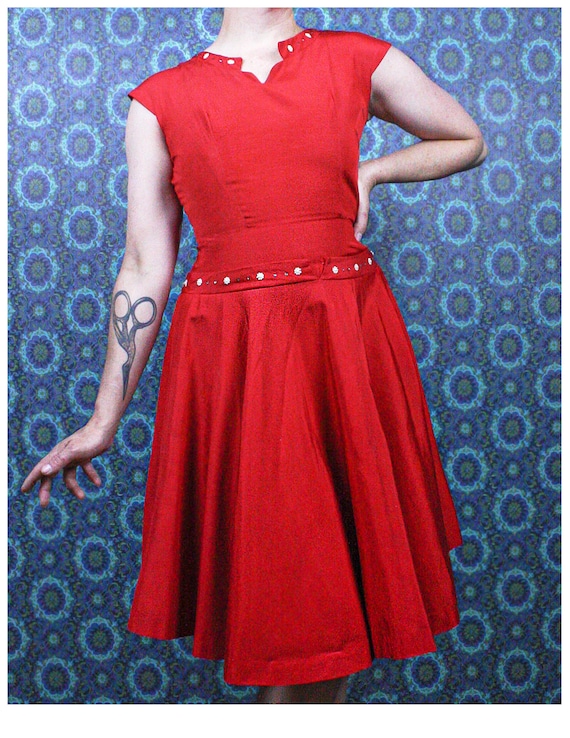 1940's Red Swing Dress, Size Small