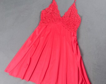Vintage Red Babydoll Mini Slip with Sheer Lace Bust and Long Leg Slit
