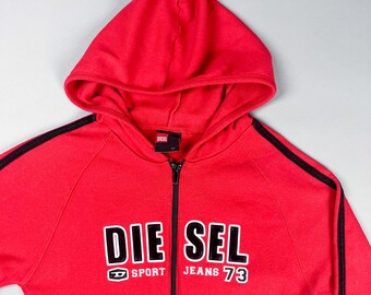 Y2K Diesel Hoodie, Red Zip-up Sweater With Black Stripe - Etsy
