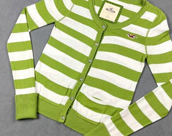 Green and White Striped Button-Up Cardigan Sweater by Hollister