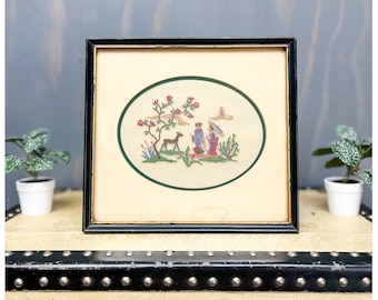 Vintage Framed Needlepoint | 1940's Japanese Figures In The Forest Petit Point Small Framed Wall Hanging