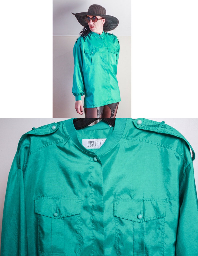 Size Medium Silky Slouchy Draped Shirt SALE 80/'s Green Button Down Blouse Utilitarian Shoulder epaulets