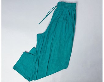 Cotton Baggy Pants | Vintage 90's Turquoise Elastic & Drawstring Waist Relaxed Fit Women's Leisure Pants | Size Small