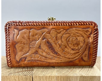 Tooled Leather Wallet | Vintage 70's Floral & M.S. Initialed Western Clutch Wallet