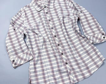 Vintage Plaid Button-Up Shirt, Women's Casual 3/4 Sleeve