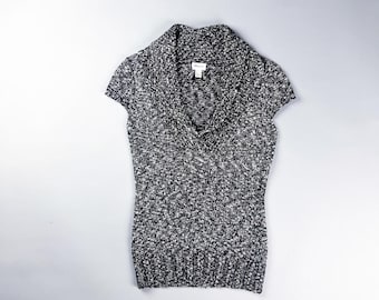 Y2K Black and White Marled Knit Short Sleeve Sweater Top