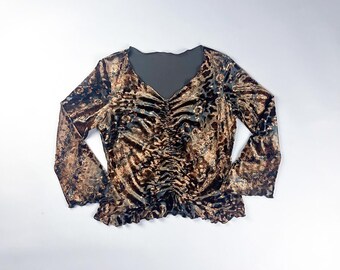 Y2K Animal Print Velvet Ruched Long Sleeve Top