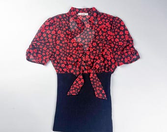 Y2K Black and Red Floral Patterned Puff Sleeve Top with Neck Tie