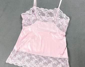 Vintage Pink Nylon and Sheer Lace Camisole Tank Top