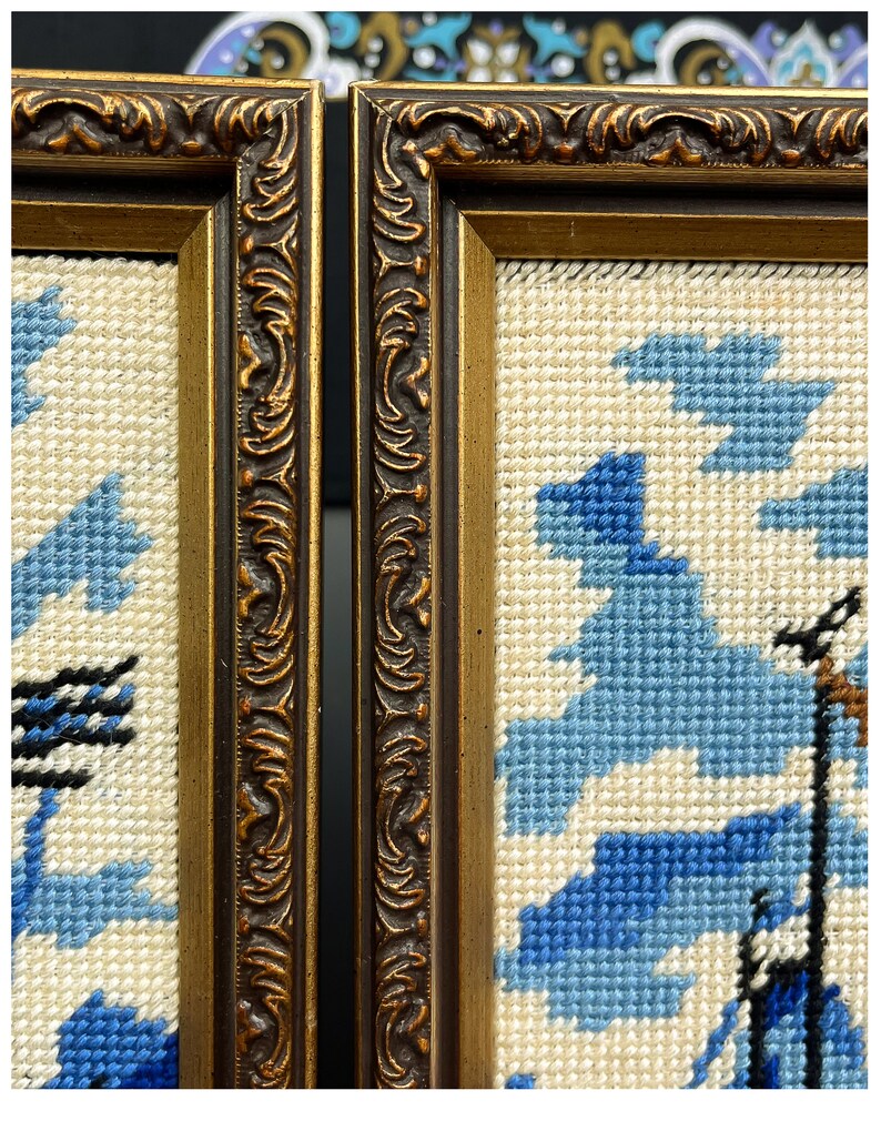 Vintage Framed Needlepoint Wall Hanging Pair Set of Two Etsy