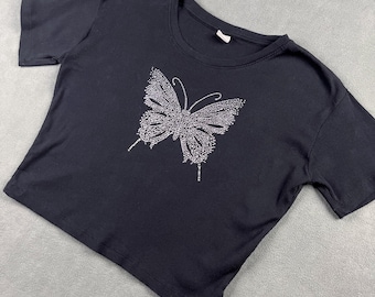 Black Cropped T-Shirt with Silver Rhinestone Butterfly, Y2K Vintage