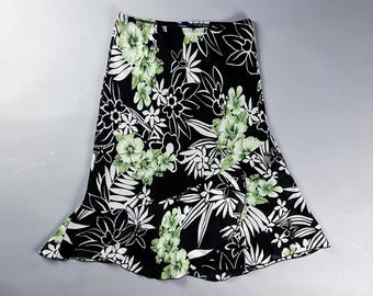 Y2K Flowy Floral Midi Skirt with Green and White Flowers