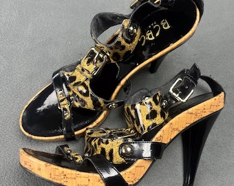 Y2K BCBG Paris Strappy Platform High Heels, Leopard Print, Buckles