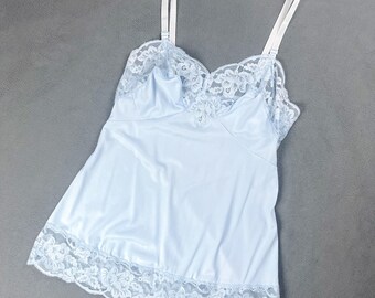 Vintage Blue Silky Nylon Camisole Tank Top with Lace Trim