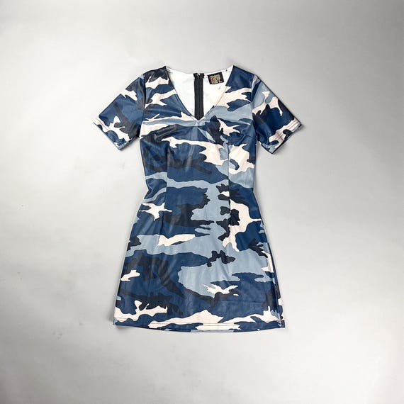 short camouflage dress Vintage Camo Dress, 90's Blue Tones Camouflage Body Con Mini by Tripp NYC
