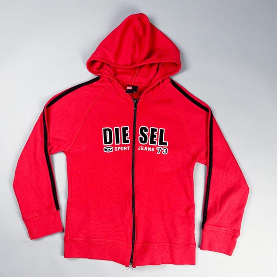 Y2K Diesel Hoodie, Red Zip-up Sweater With Black Stripe - Etsy