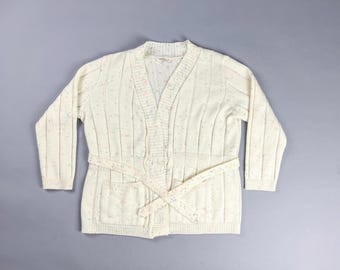 Vintage Women's Cardigan | 70's Cream Knit Button Up Sweater with Belt