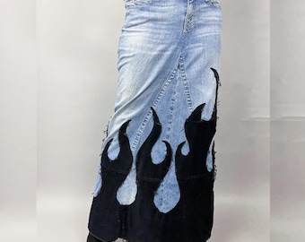 Denim Maxi Skirt | Upcycled Y2K True Religion Jeans Skirt, Large Flames Frayed Patchwork Graphic | Low Rise | Size Medium
