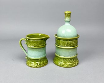 Creamer & Sugar Dish Set | Vintage 50's Burlap Textured Blue Green Glazed Ceramic Coffee / Tea Dish Set