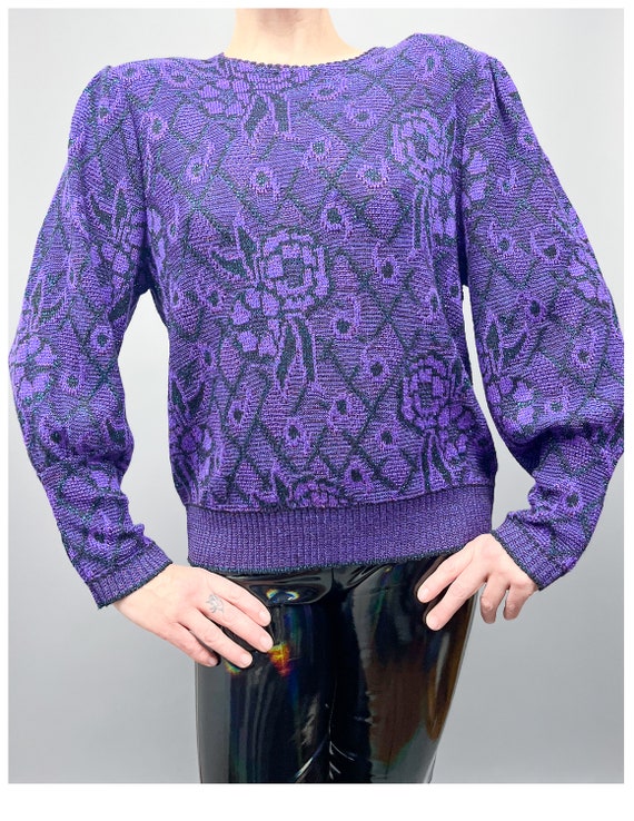 Vintage Graphic Sweater | 80's Purple & Turquoise… - image 2