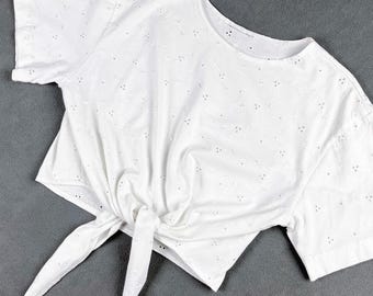 Vintage Crop T-Shirt, White Eyelet Lace with Tie-Front